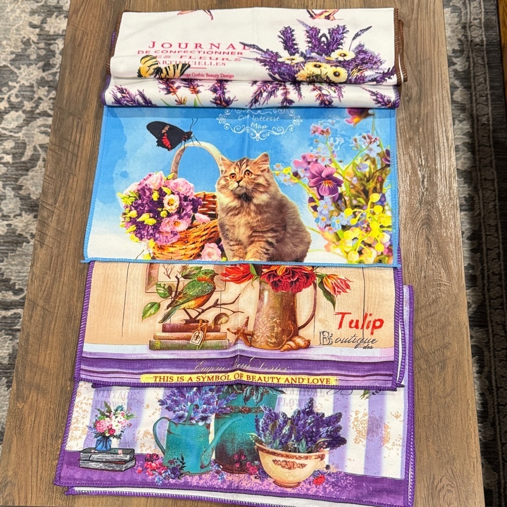 Colorful Cat and Floral Dish/ Kitchen Towels